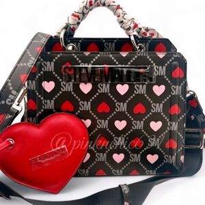 Steve Madden Bevelyn Hearts Black and Pink Satchel Crossbody Handbag Purse